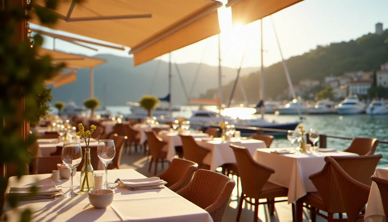 Terrasse du restaurant Le Pêcheur au Cap d'Agde avec vue sur le port de plaisance par une belle journée ensoleillée
