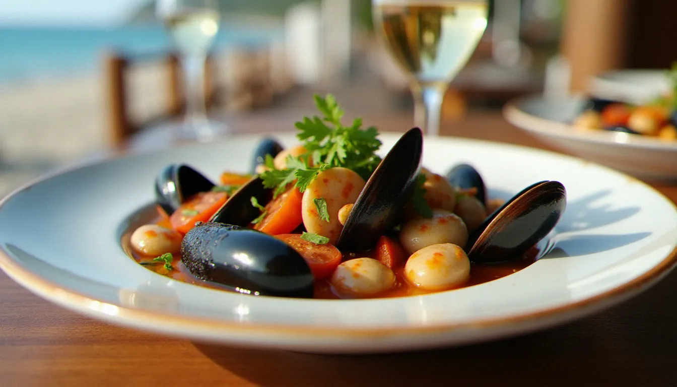 Assiette de tellines et moules de l'étang de Thau servies sur une table en bois au restaurant de la plage de la Roquille, Cap d'Agde