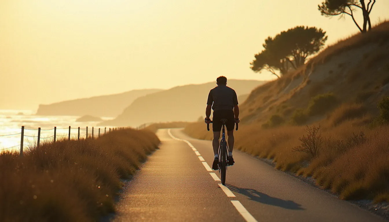 Cycliste sur la piste côtière reliant le Cap d'Agde à la plage de la Roquille, mer Méditerranée visible sur la gauche par beau temps