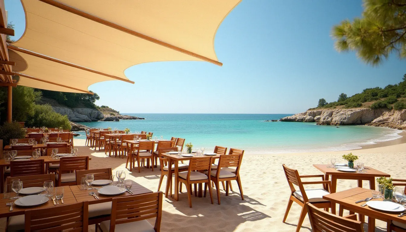 Terrasse du restaurant de la plage de la Roquille au Cap d'Agde, tables en bois face à la mer Méditerranée sous des voiles d'ombrage blanches
