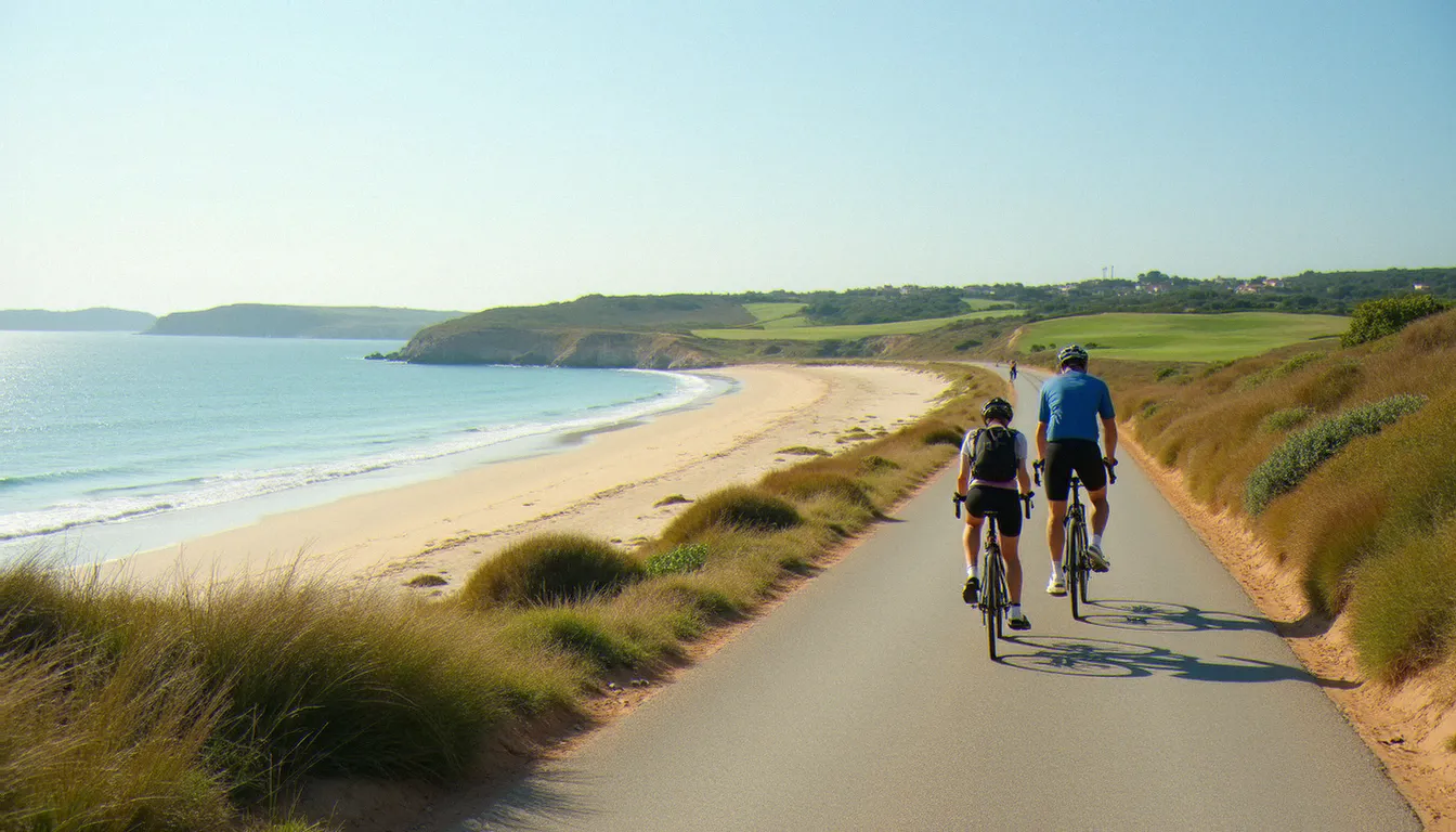 Piste cyclable longeant la plage du Golf à Cap d'Agde avec vue sur le parcours de golf en arrière-plan