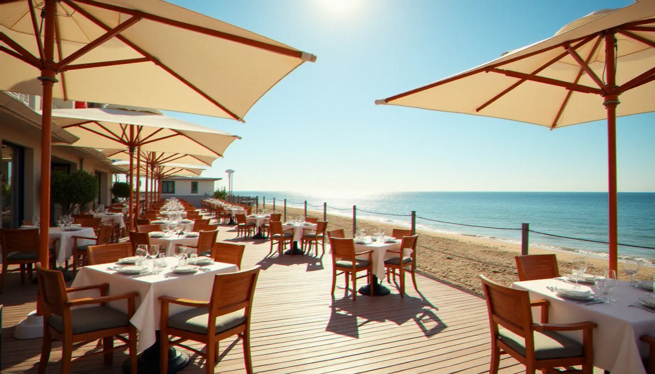 Terrasse de restaurant en bord de plage du Golf à Cap d'Agde avec vue sur la Méditerranée et parasols blancs