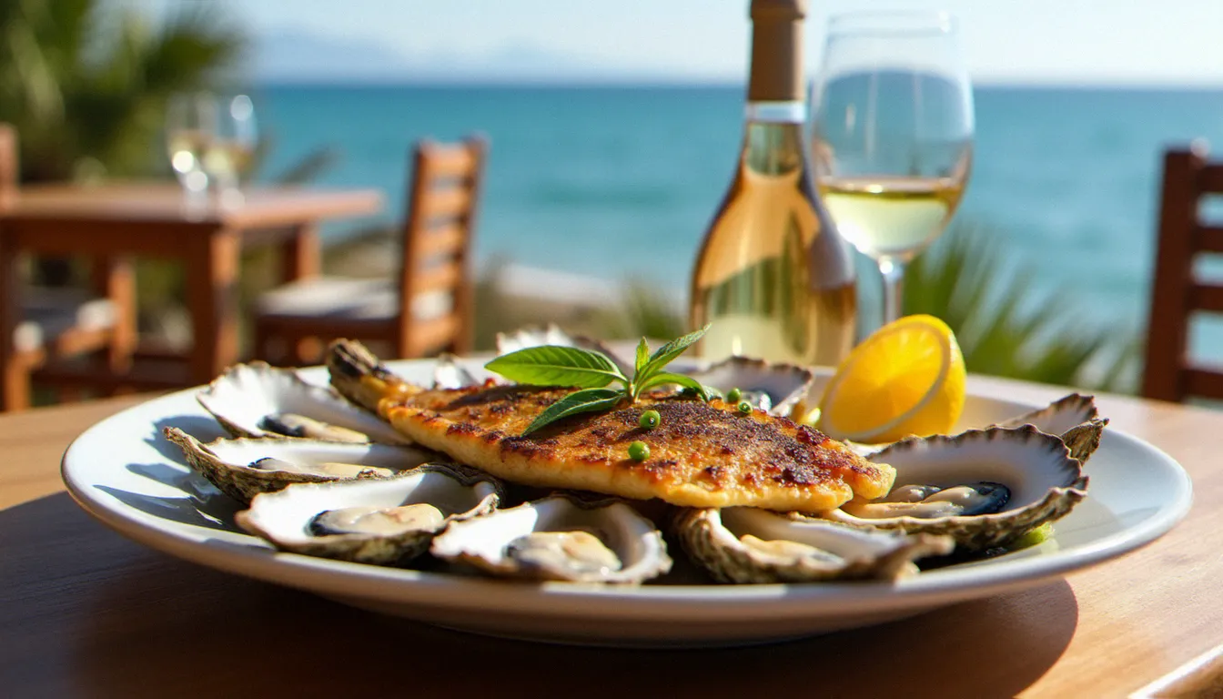 Assiette d'huîtres de Bouzigues et daurade grillée sur une table en terrasse de restaurant de plage à Cap d'Agde, mer visible en arrière-plan