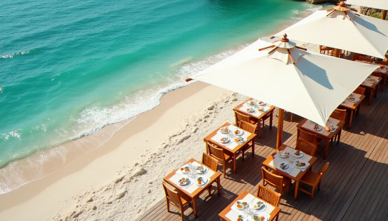 Restaurant de plage avec terrasse en bois sur le sable, mer méditerranéenne turquoise en arrière-plan, journée ensoleillée à la plage du Golf Cap d'Agde