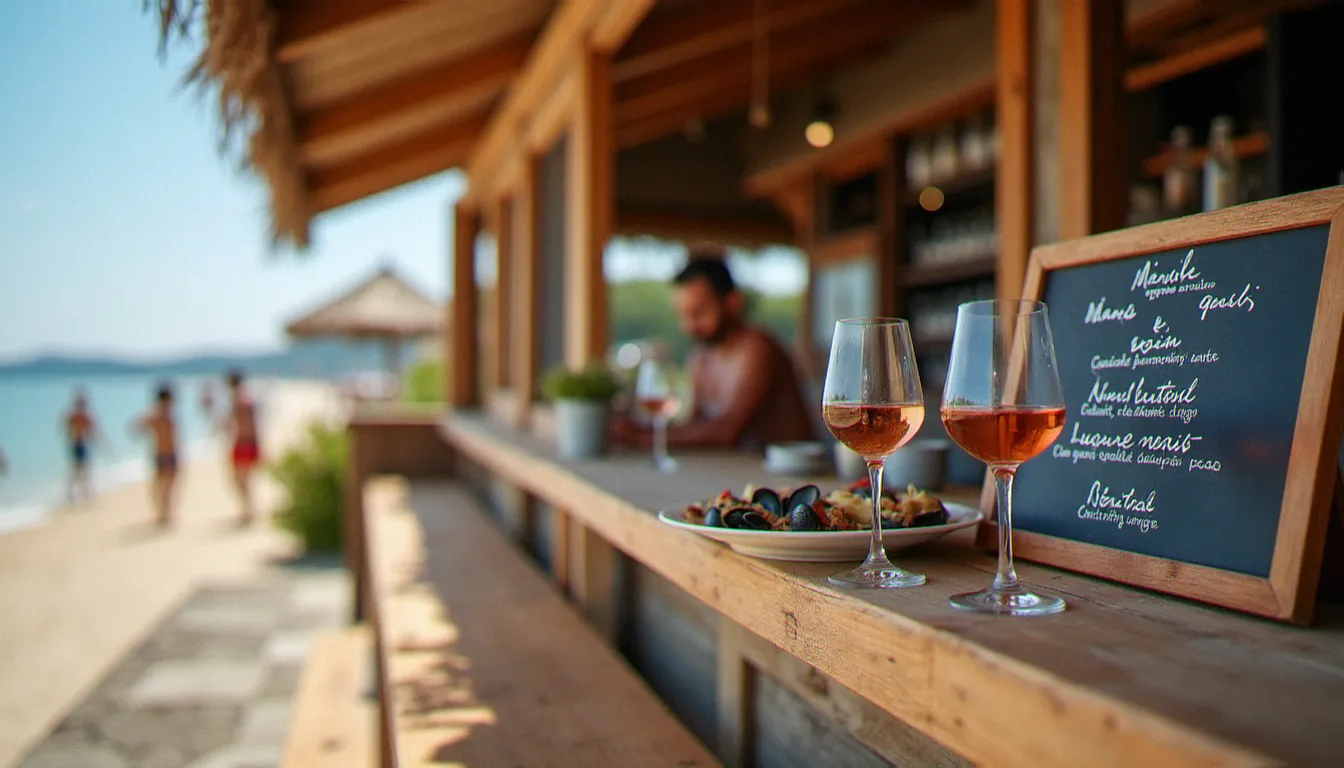 Comptoir d'une paillote de plage naturiste avec carte des plats manuscrite, verres de rosé et moules-frites sur table en bois