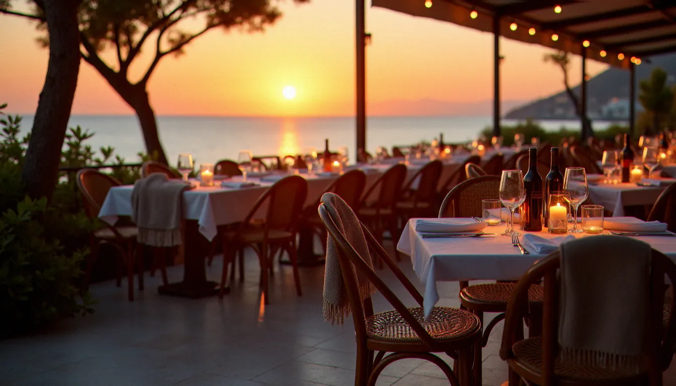 Terrasse de restaurant naturiste en bord de mer au coucher du soleil, chaises avec serviettes, tables dressées pour le dîner avec vins du Languedoc