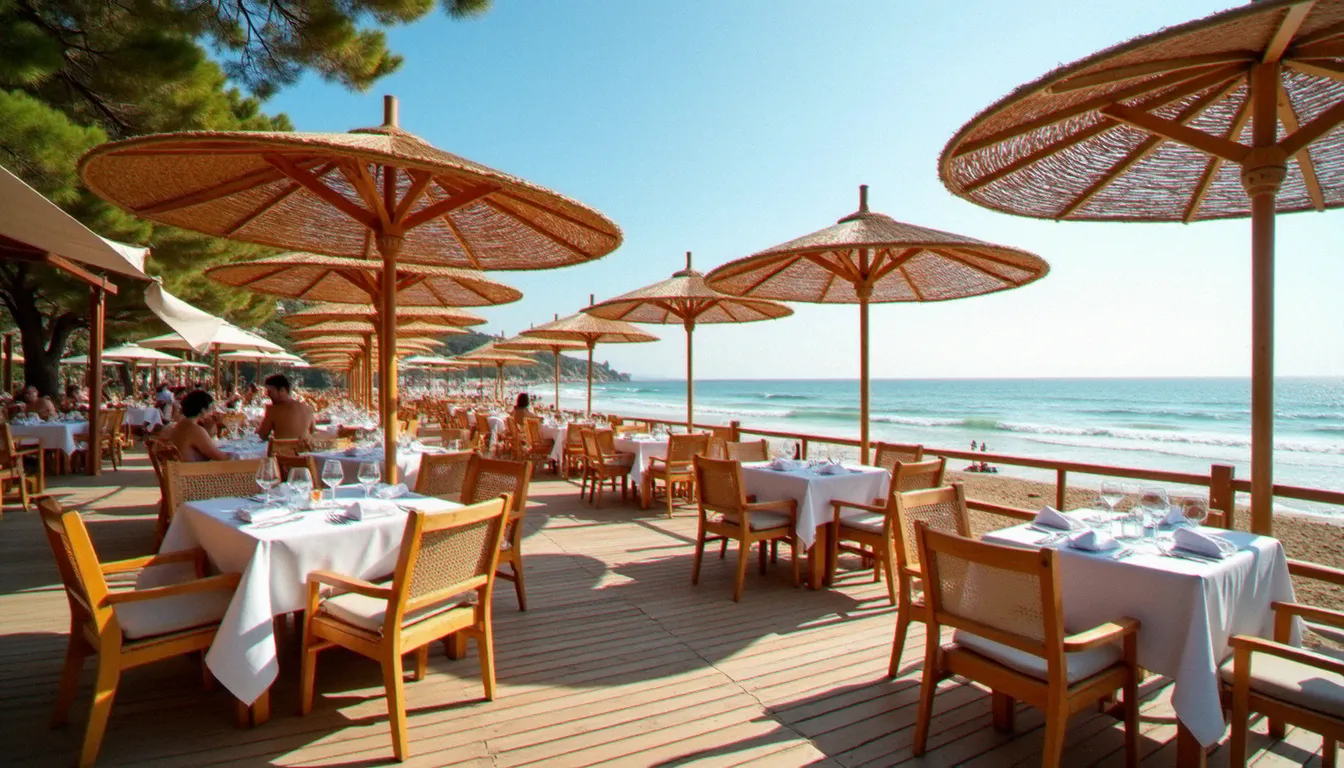 Terrasse de restaurant en bord de plage naturiste au Cap d'Agde, tables sous parasols en rotin face à la mer Méditerranée