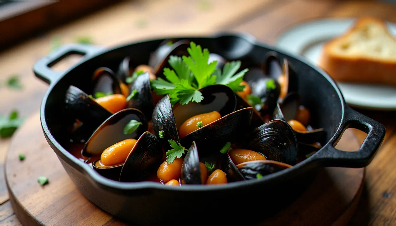 Assiette de moules de Bouzigues marinières servies dans une cocotte en fonte noire sur une table de restaurant du port de Cap d'Agde
