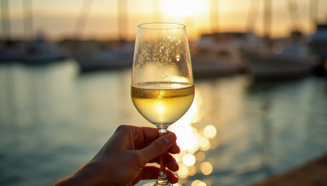 Verre de Picpoul de Pinet blanc frais en terrasse au bord du port de Cap d'Agde, marina en arrière-plan flou