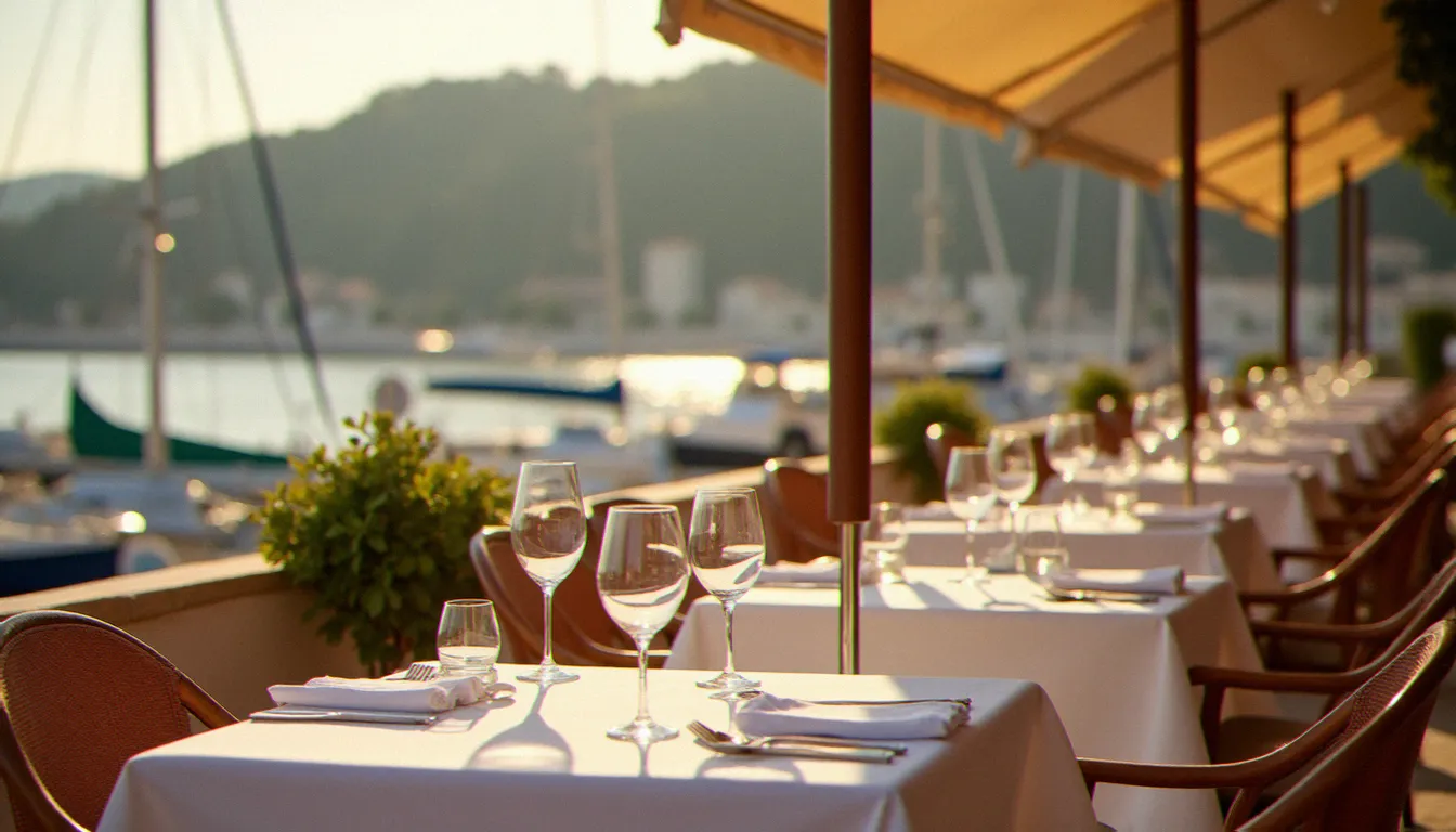 Terrasse de restaurant au bord du port de Cap d'Agde avec vue sur les bateaux amarrés et lumière dorée de Méditerranée