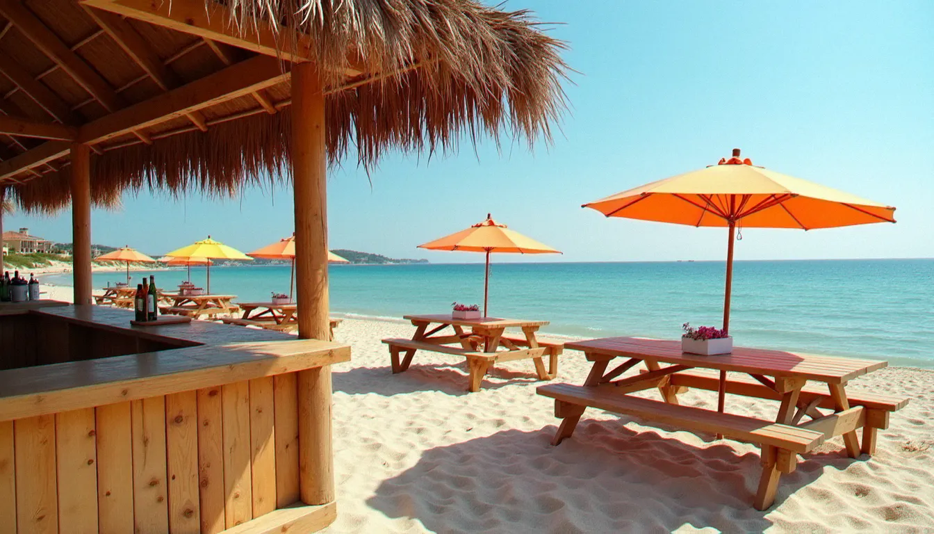 Paillote balnéaire avec tables sur le sable en bord de mer au Cap d'Agde, ambiance déjeuner estival languedocien