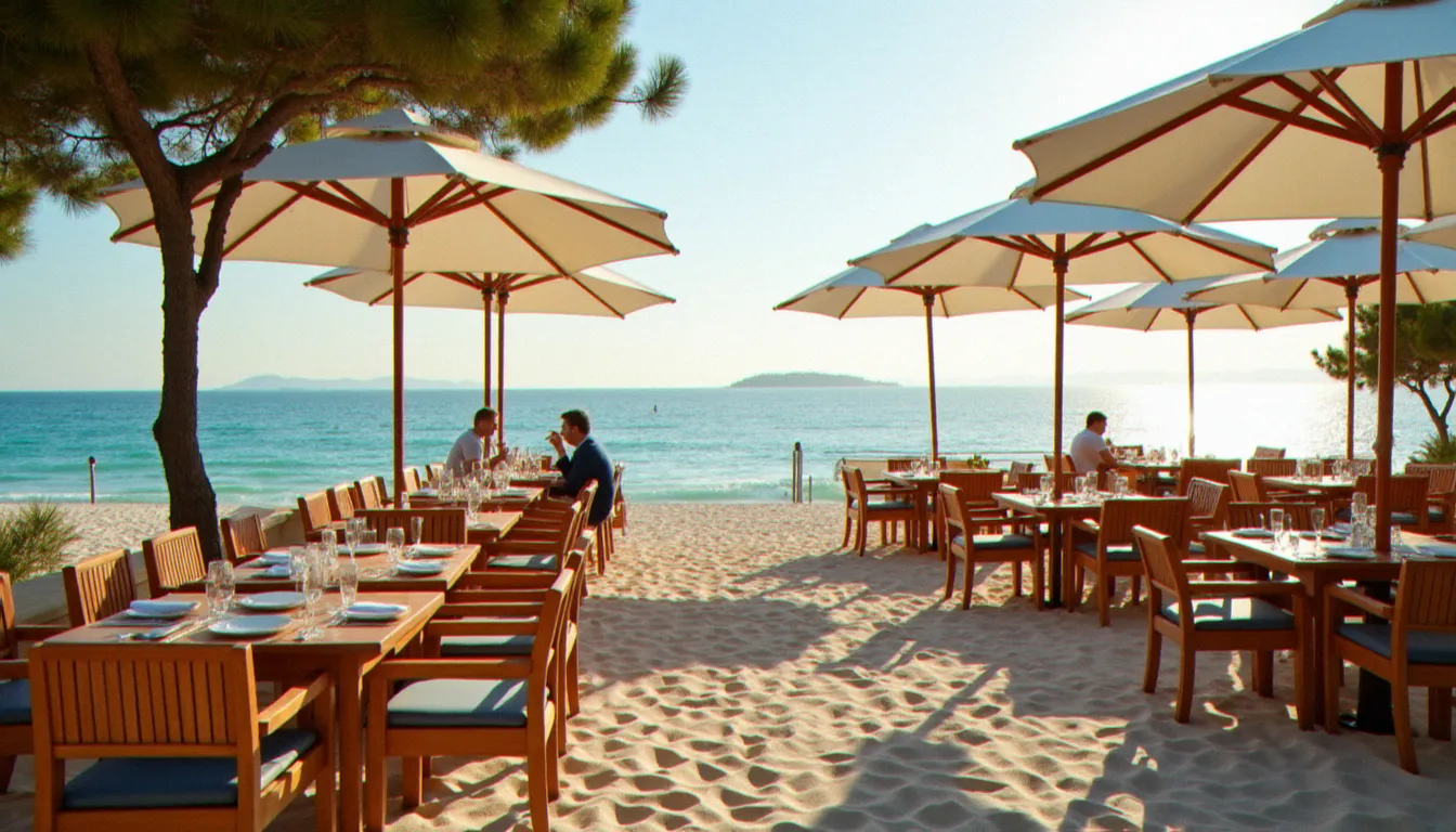 Terrasse d'un restaurant sur la plage au Cap d'Agde, tables sur le sable avec vue sur la mer Méditerranée en lumière dorée de fin d'après-midi