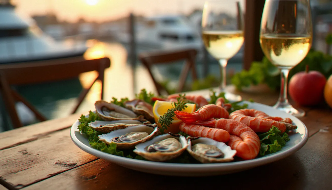 Plateau de fruits de mer frais avec huîtres et crevettes servi dans un restaurant de port méditerranéen, verre de vin blanc accompagnant le repas