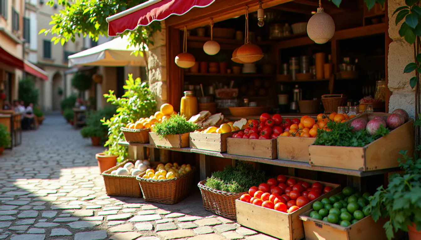 Épicerie et marché estival en plein air dans un village balnéaire languedocien, étals de produits frais locaux sous le soleil de midi