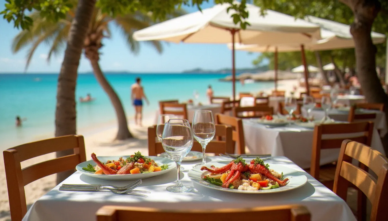 Terrasse de restaurant en bord de mer au village naturiste du Cap d'Agde, avec plateau de fruits de mer et vue sur la Méditerranée