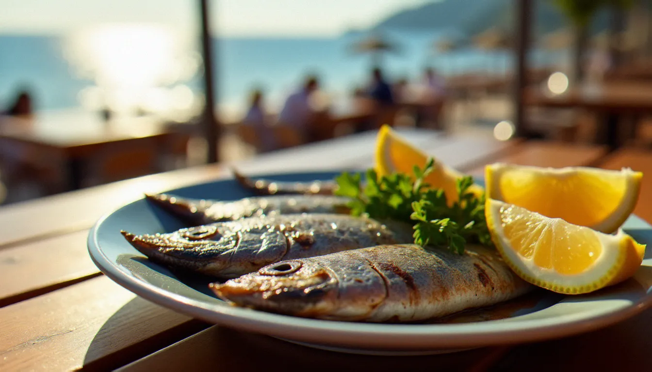 Assiette de sardines grillées sur une table en terrasse d'un snack de plage dans le village naturiste de Cap d'Agde