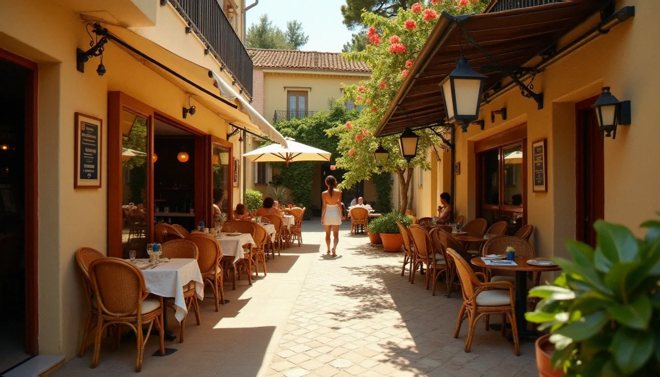 Ruelle et terrasse d'une brasserie dans le village naturiste de Cap d'Agde en fin d'après-midi, ambiance méditerranéenne détendue