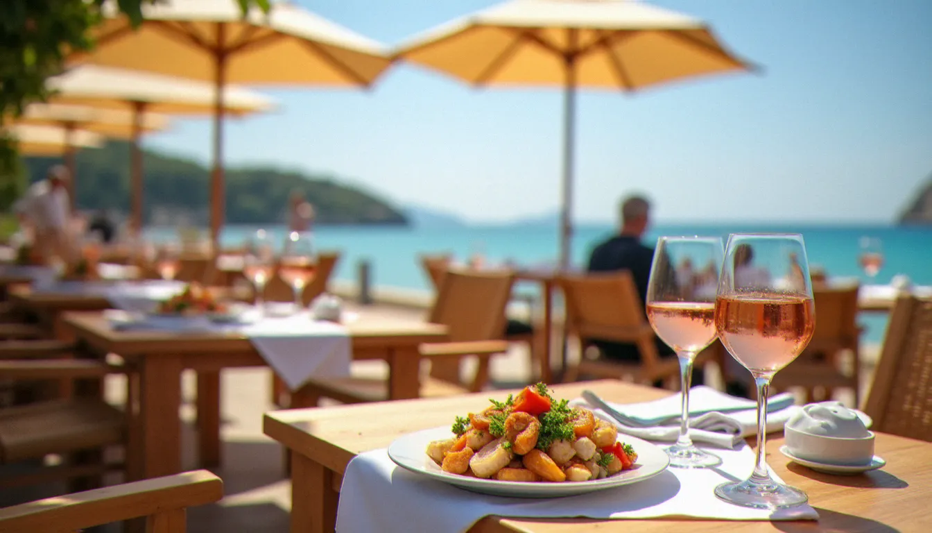 Terrasse d'un restaurant au bord de la mer dans le camp naturiste de Cap d'Agde, tables dressées avec vue sur la Méditerranée
